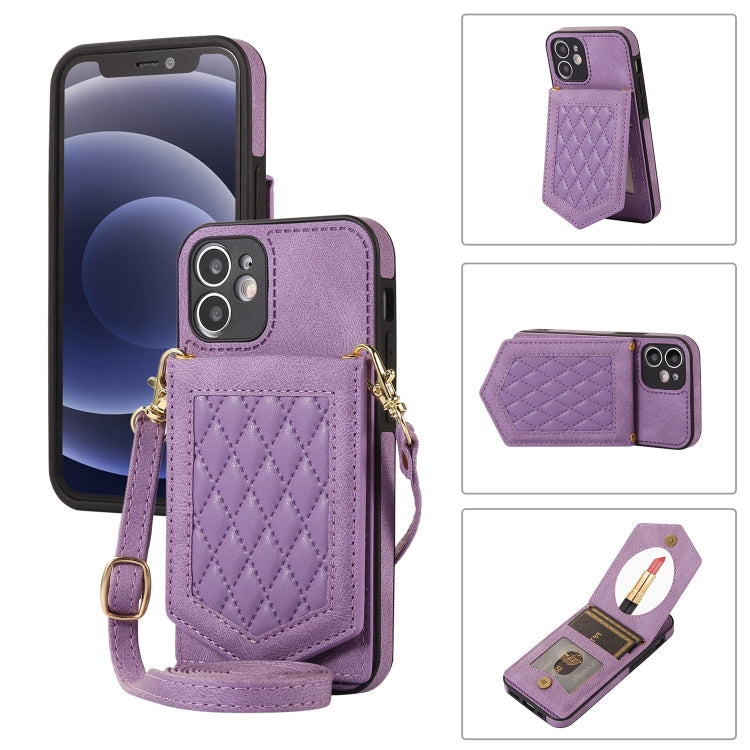 Rhombic Texture RFID Phone Case with Lanyard & Mirror, For iPhone 12 Pro Max, For iPhone 12 / 12 Pro, For iPhone 12 mini, For iPhone 11 Pro Max
