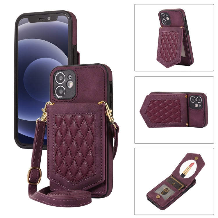 Rhombic Texture RFID Phone Case with Lanyard & Mirror, For iPhone 12 Pro Max, For iPhone 12 / 12 Pro, For iPhone 12 mini, For iPhone 11 Pro Max