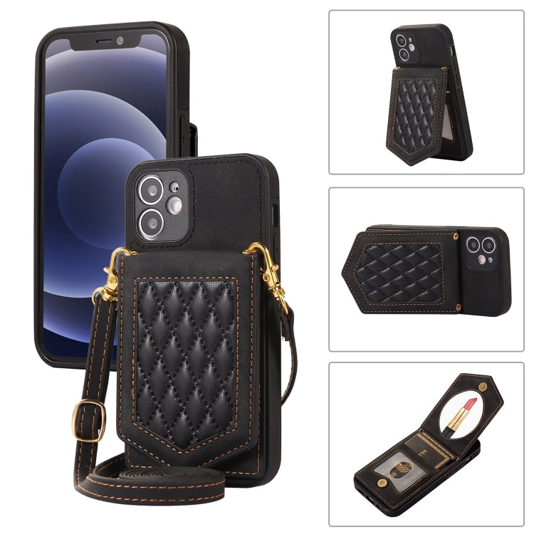 Rhombic Texture RFID Phone Case with Lanyard & Mirror, For iPhone 12 Pro Max, For iPhone 12 / 12 Pro, For iPhone 12 mini, For iPhone 11 Pro Max
