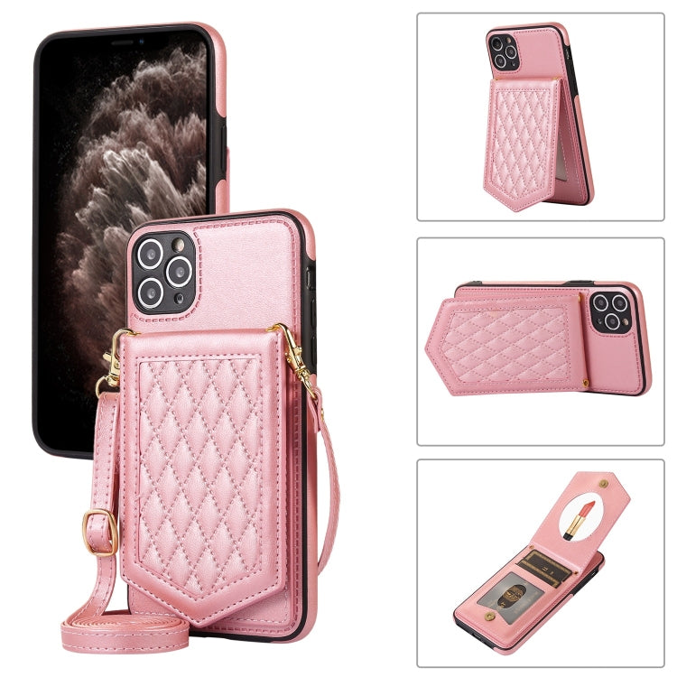 Rhombic Texture RFID Phone Case with Lanyard & Mirror, For iPhone 12 Pro Max, For iPhone 12 / 12 Pro, For iPhone 12 mini, For iPhone 11 Pro Max