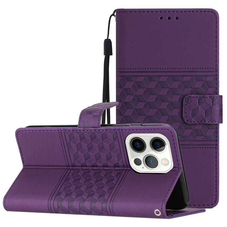 Diamond Embossed Skin Feel Leather Phone Case with Lanyard, For iPhone 13 Pro, For iPhone 13 Pro Max, For iPhone 14, For iPhone 14 Plus