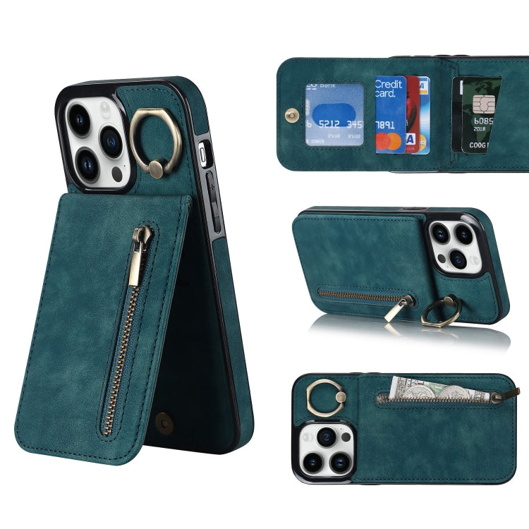 Retro Ring and Zipper RFID Card Slot Phone Case, For iPhone 14, For iPhone 14 Plus, For iPhone 14 Pro, For iPhone 14 Pro Max
