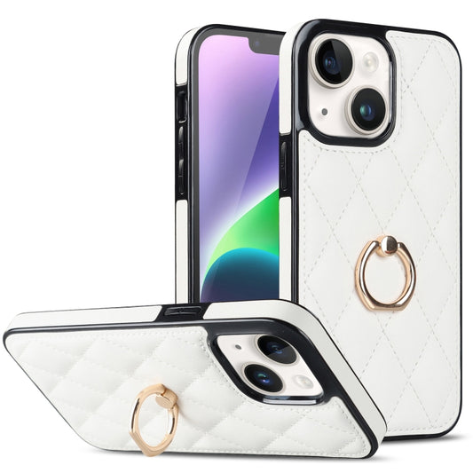 Rhombic PU Leather Phone Case with Ring Holder, For iPhone 14, For iPhone 14 Plus, For iPhone 14 Pro