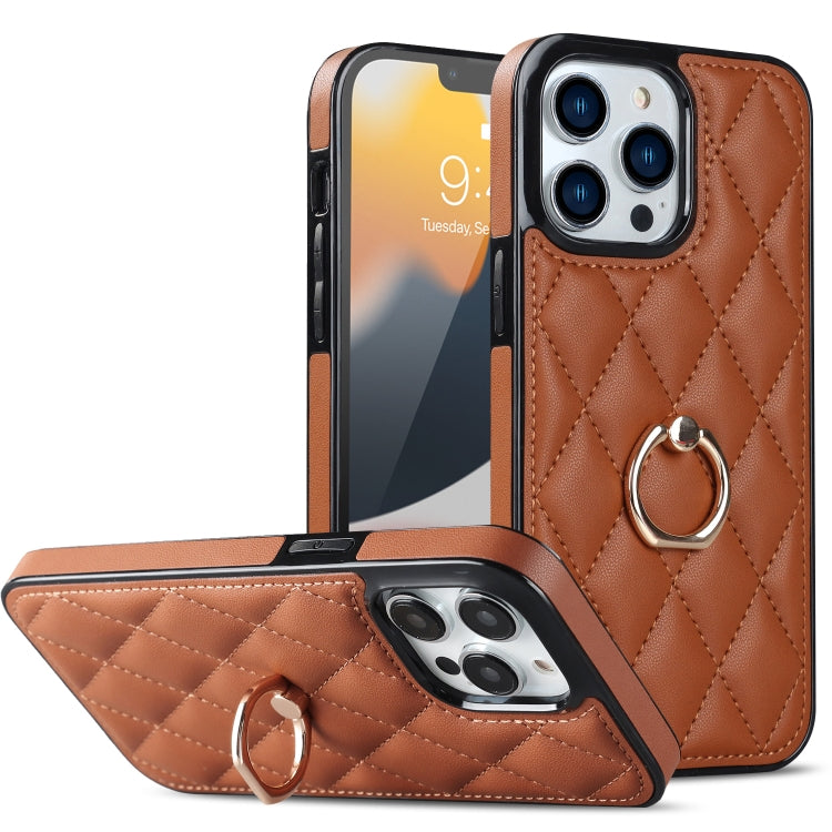 Rhombic PU Leather Phone Case with Ring Holder, For iPhone 12 / 12 Pro, For iPhone 12 Pro Max, For iPhone 11