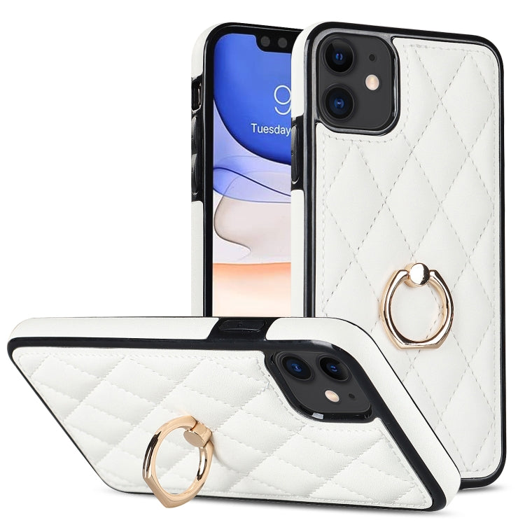 Rhombic PU Leather Phone Case with Ring Holder, For iPhone 12 / 12 Pro, For iPhone 12 Pro Max, For iPhone 11
