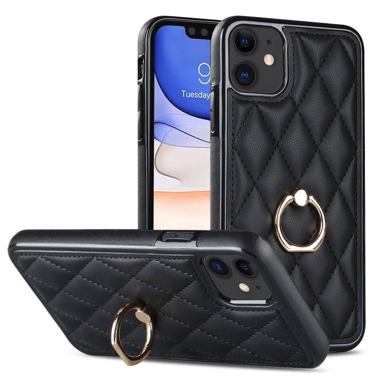 Rhombic PU Leather Phone Case with Ring Holder, For iPhone 12 / 12 Pro, For iPhone 12 Pro Max, For iPhone 11