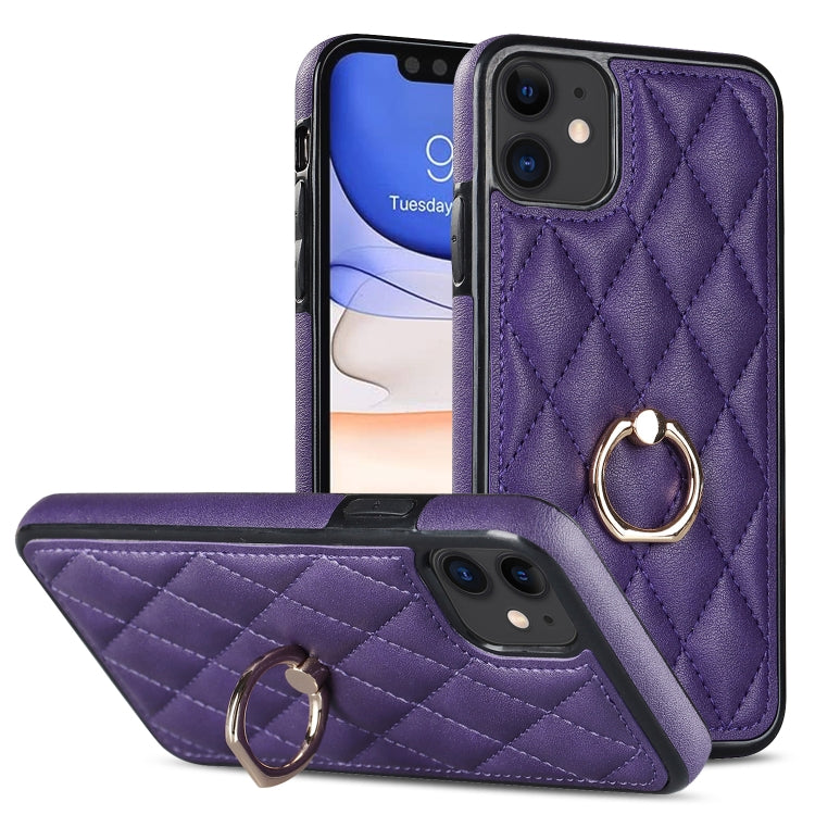 Rhombic PU Leather Phone Case with Ring Holder, For iPhone 12 / 12 Pro, For iPhone 12 Pro Max, For iPhone 11