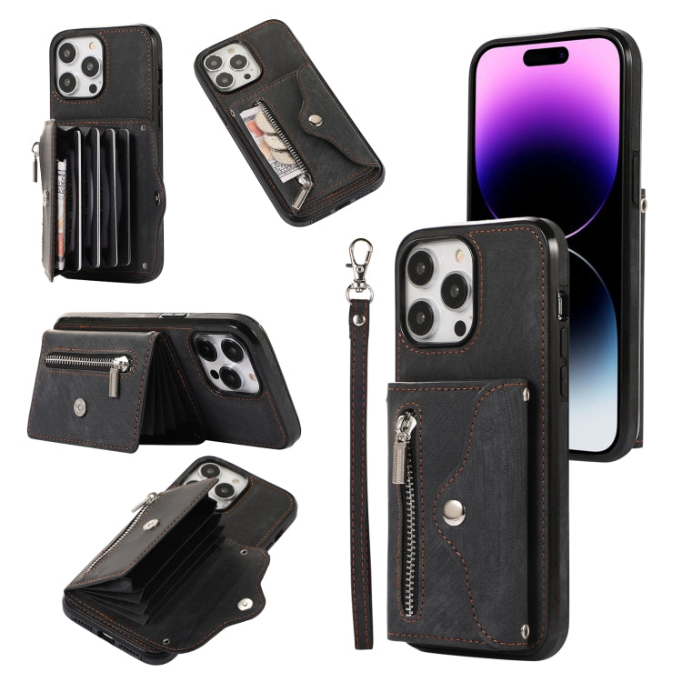 Zipper RFID Card Slot Phone Case with Short Lanyard, For iPhone 14, For iPhone 14 Plus, For iPhone 14 Pro, For iPhone 14 Pro Max