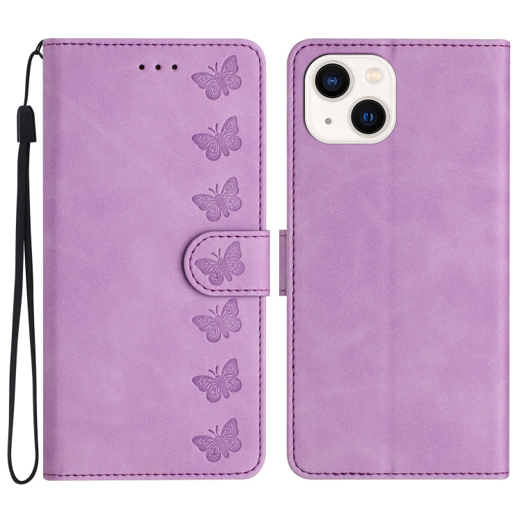Seven Butterflies Embossed Leather Phone Case, For iPhone 16, For iPhone 15 Pro Max, For iPhone 15 Pro, For iPhone 15 Plus