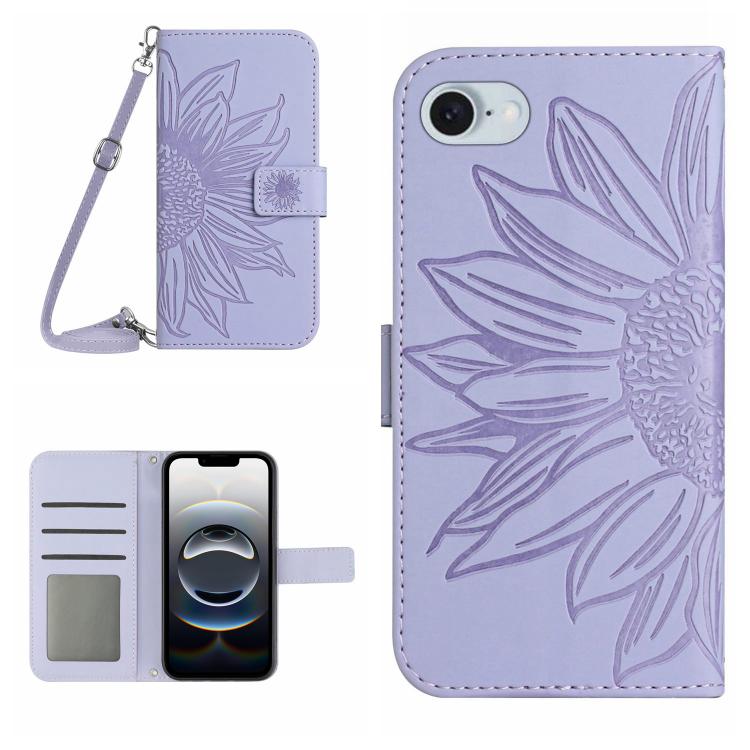 Skin Feel Sun Flower Embossed Flip Leather Phone Case with Lanyard, For iPhone 16e, For iPhone 16 Pro Max