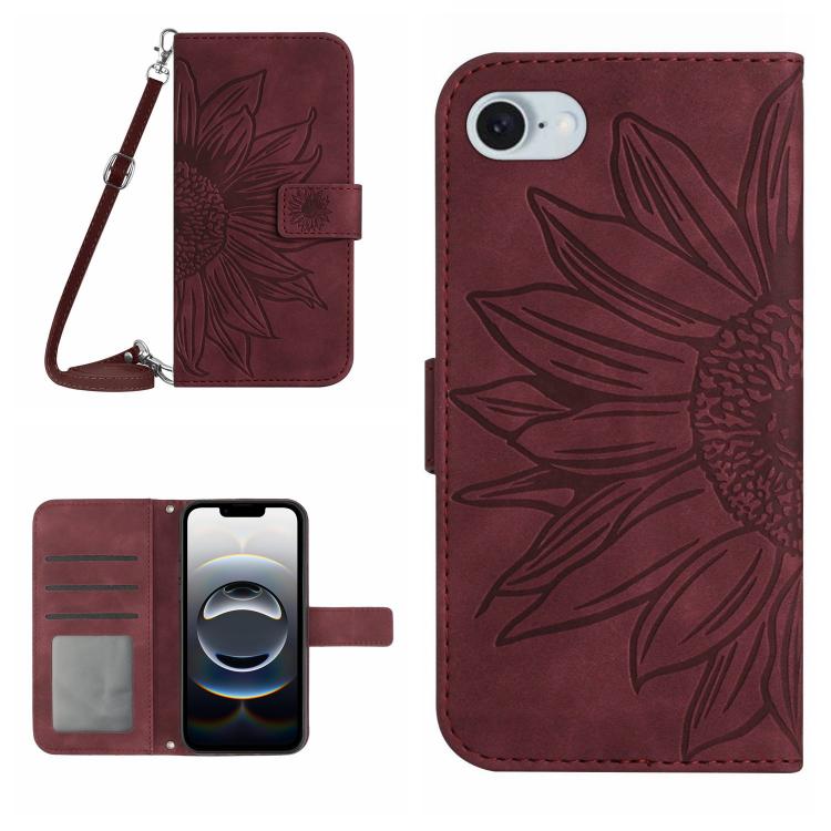 Skin Feel Sun Flower Embossed Flip Leather Phone Case with Lanyard, For iPhone 16e, For iPhone 16 Pro Max
