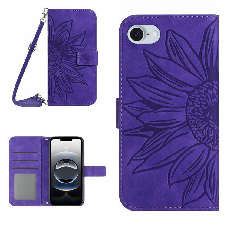 Skin Feel Sun Flower Embossed Flip Leather Phone Case with Lanyard, For iPhone 16e, For iPhone 16 Pro Max