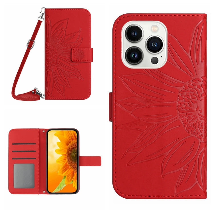 Skin Feel Sun Flower Embossed Flip Leather Phone Case with Lanyard, For iPhone 16e, For iPhone 16 Pro Max