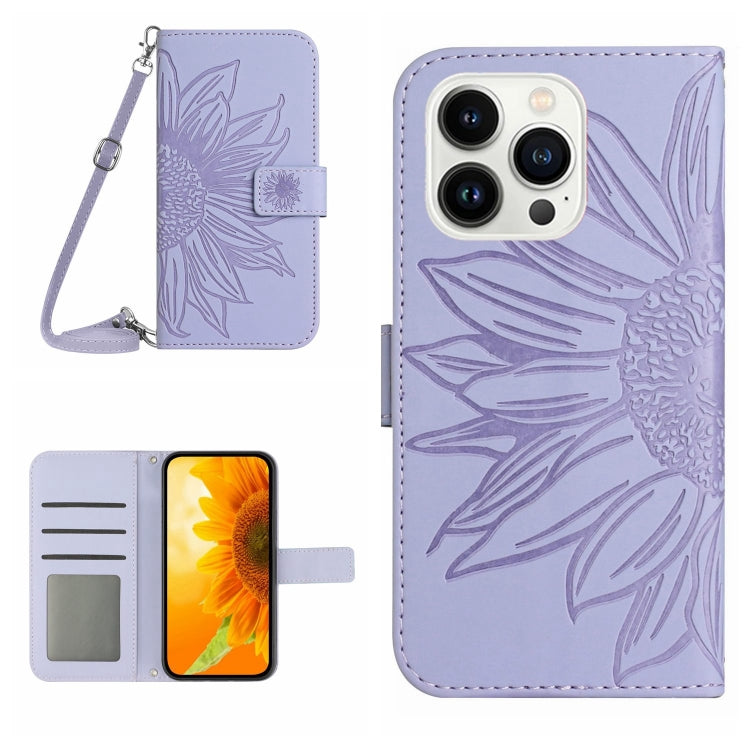 Skin Feel Sun Flower Embossed Flip Leather Phone Case with Lanyard, For iPhone 16e, For iPhone 16 Pro Max