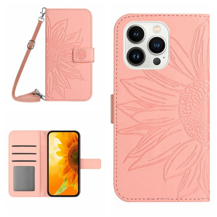 Skin Feel Sun Flower Embossed Flip Leather Phone Case with Lanyard, For iPhone 16e, For iPhone 16 Pro Max