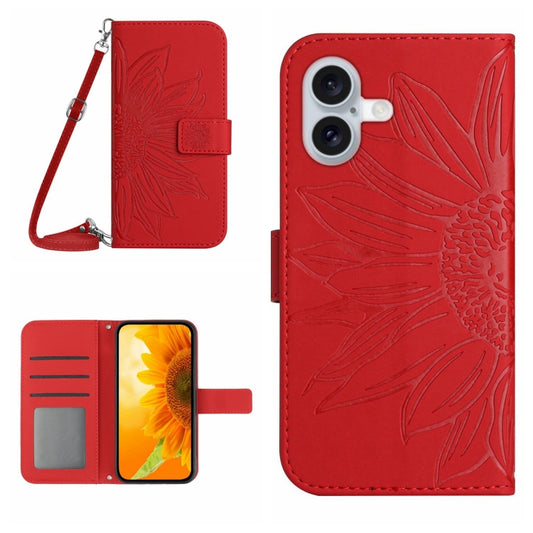 Skin Feel Sun Flower Embossed Flip Leather Phone Case with Lanyard, For iPhone 16, For iPhone 15 Pro Max