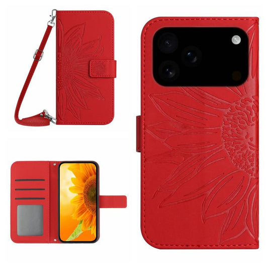 Skin Feel Sun Flower Embossed Flip Leather Phone Case with Lanyard, For iPhone 17, For iPhone Air