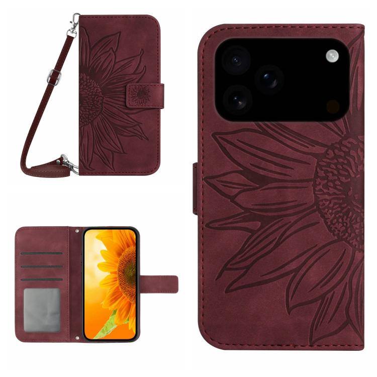 Skin Feel Sun Flower Embossed Flip Leather Phone Case with Lanyard, For iPhone 17, For iPhone Air