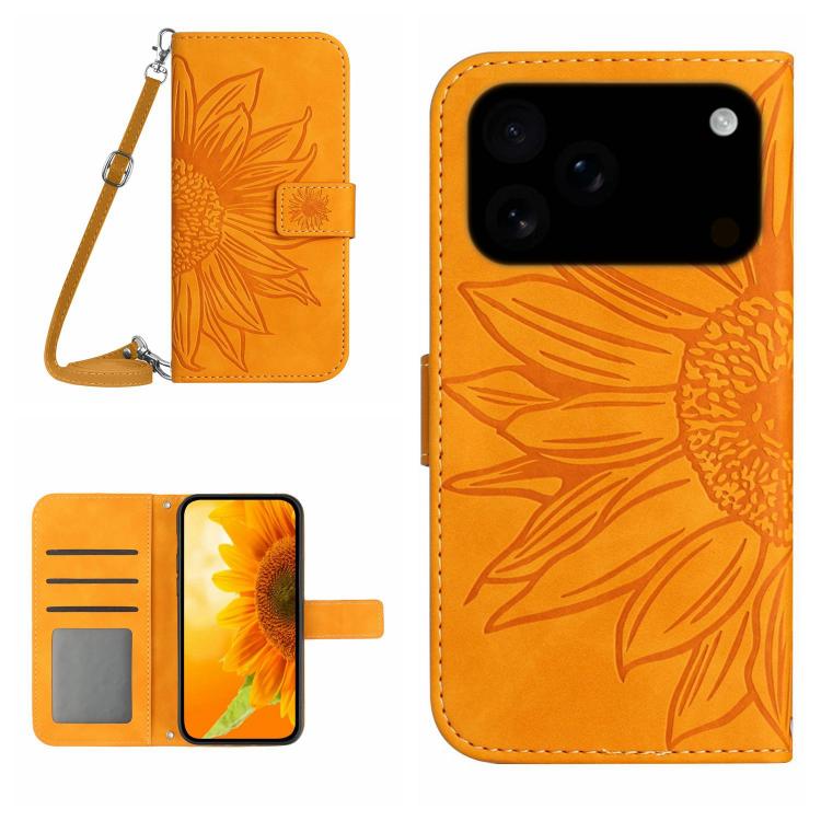 Skin Feel Sun Flower Embossed Flip Leather Phone Case with Lanyard, For iPhone 17, For iPhone Air