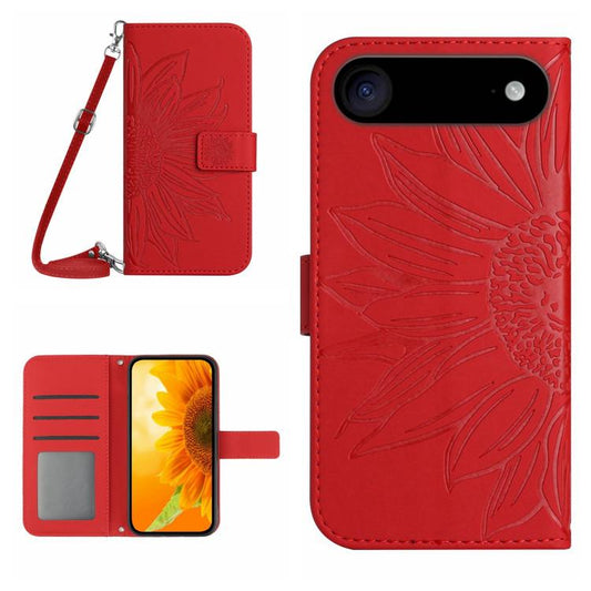 Skin Feel Sun Flower Embossed Flip Leather Phone Case with Lanyard, For iPhone 16e, For iPhone 16 Pro Max