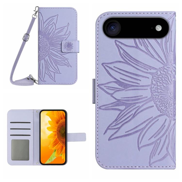 Skin Feel Sun Flower Embossed Flip Leather Phone Case with Lanyard, For iPhone 16e, For iPhone 16 Pro Max