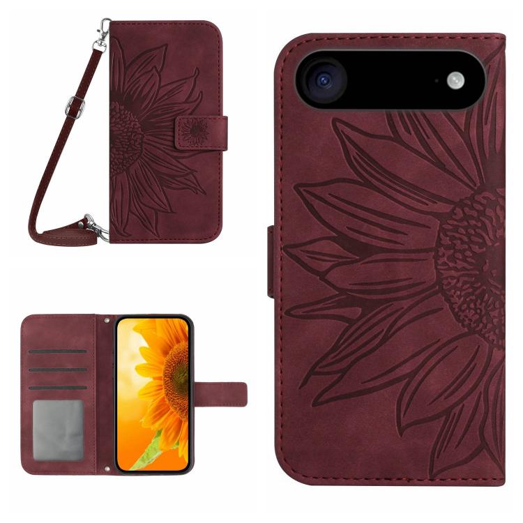 Skin Feel Sun Flower Embossed Flip Leather Phone Case with Lanyard, For iPhone 16e, For iPhone 16 Pro Max