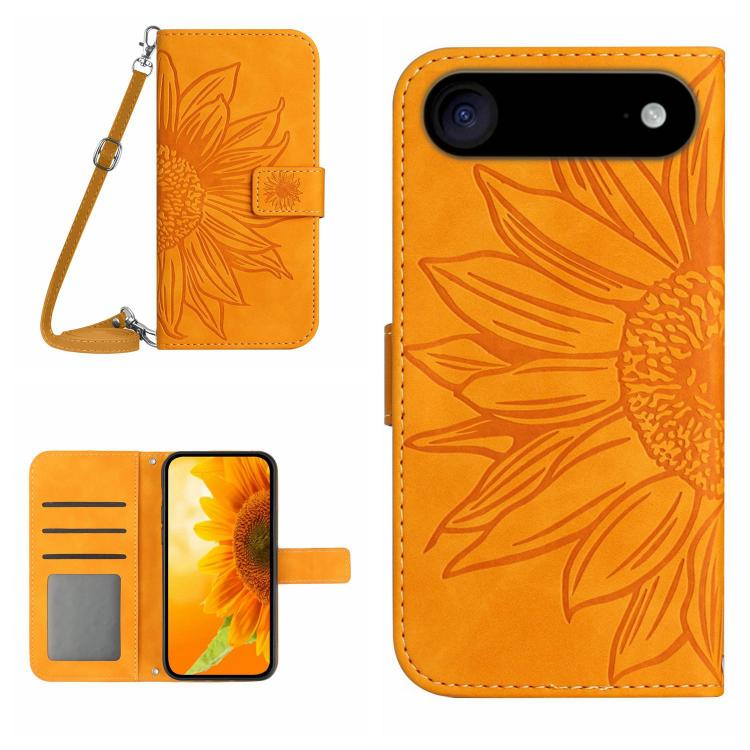 Skin Feel Sun Flower Embossed Flip Leather Phone Case with Lanyard, For iPhone 16e, For iPhone 16 Pro Max
