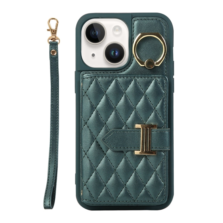 Horizontal Card Bag Ring Holder Phone Case with Dual Lanyard, For iPhone 14 Plus, For iPhone 14, For iPhone 14 Pro