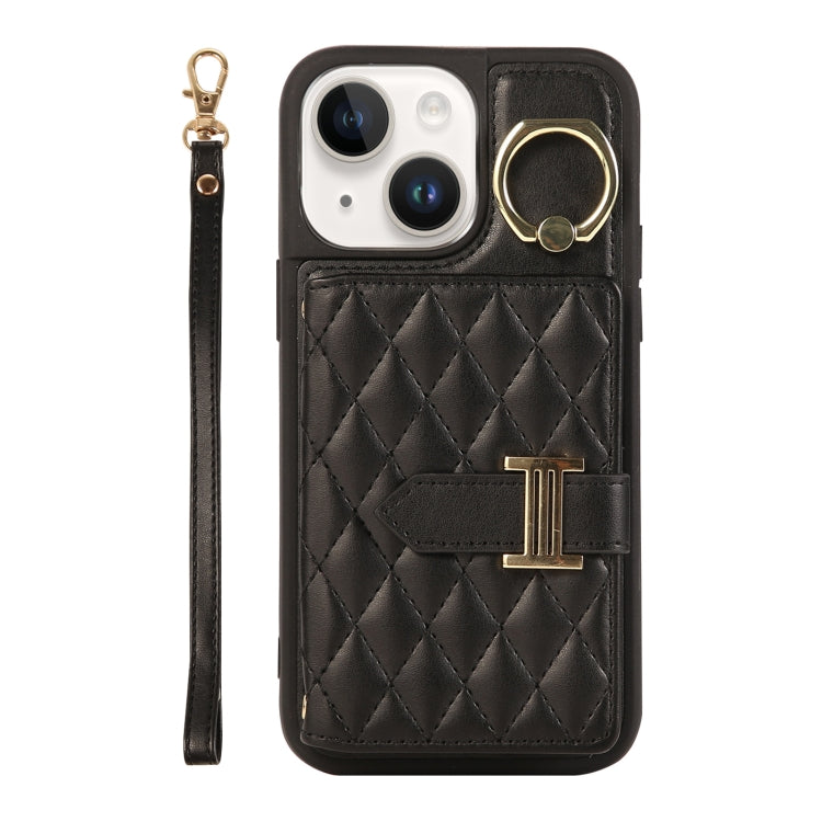 Horizontal Card Bag Ring Holder Phone Case with Dual Lanyard, For iPhone 14 Plus, For iPhone 14, For iPhone 14 Pro