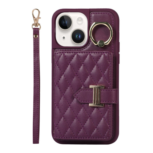 Horizontal Card Bag Ring Holder Phone Case with Dual Lanyard, For iPhone 14 Plus, For iPhone 14, For iPhone 14 Pro