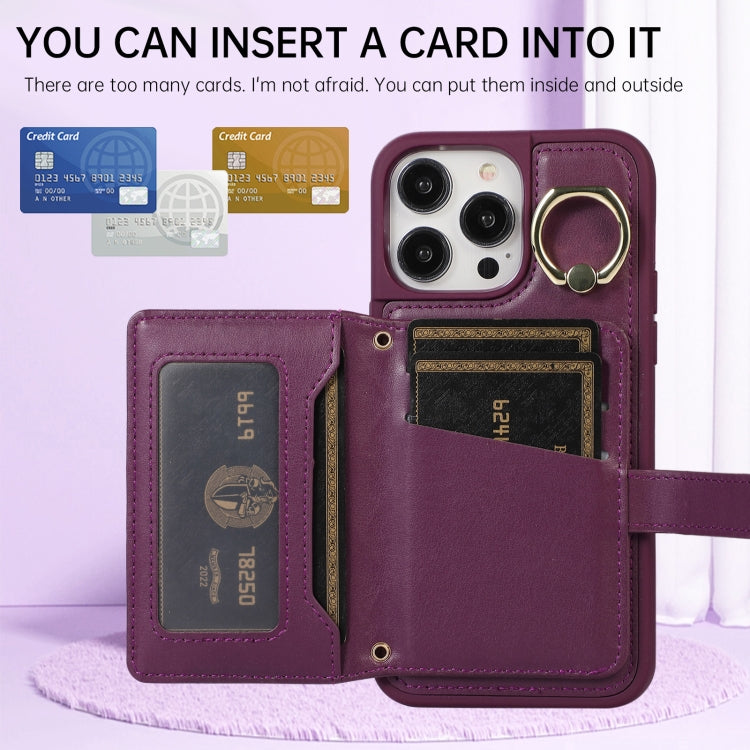 Horizontal Card Bag Ring Holder Phone Case with Dual Lanyard, For iPhone 14 Plus, For iPhone 14, For iPhone 14 Pro