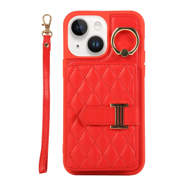 Horizontal Card Bag Ring Holder Phone Case with Dual Lanyard, For iPhone 14 Plus, For iPhone 14, For iPhone 14 Pro