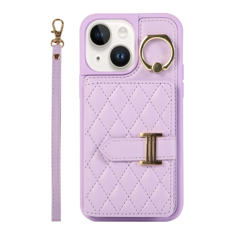 Horizontal Card Bag Ring Holder Phone Case with Dual Lanyard, For iPhone 14 Plus, For iPhone 14, For iPhone 14 Pro