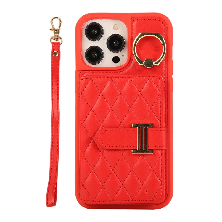Horizontal Card Bag Ring Holder Phone Case with Dual Lanyard, For iPhone 14 Plus, For iPhone 14, For iPhone 14 Pro
