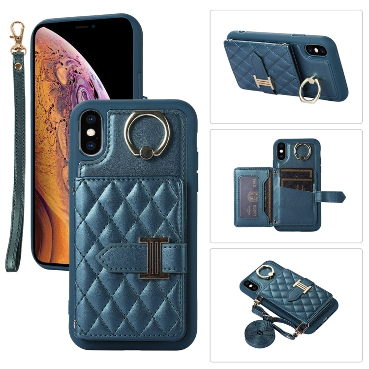 Horizontal Card Bag Ring Holder Phone Case with Dual Lanyard, For iPhone XS Max