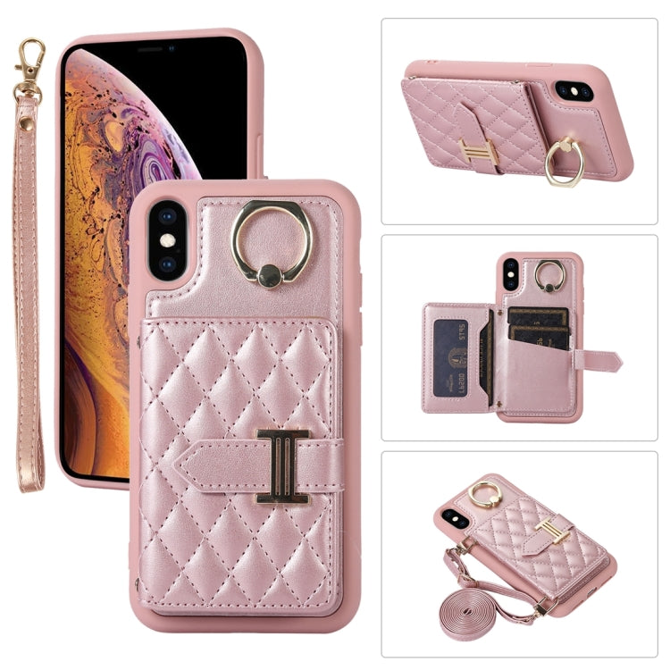 Horizontal Card Bag Ring Holder Phone Case with Dual Lanyard, For iPhone XS Max