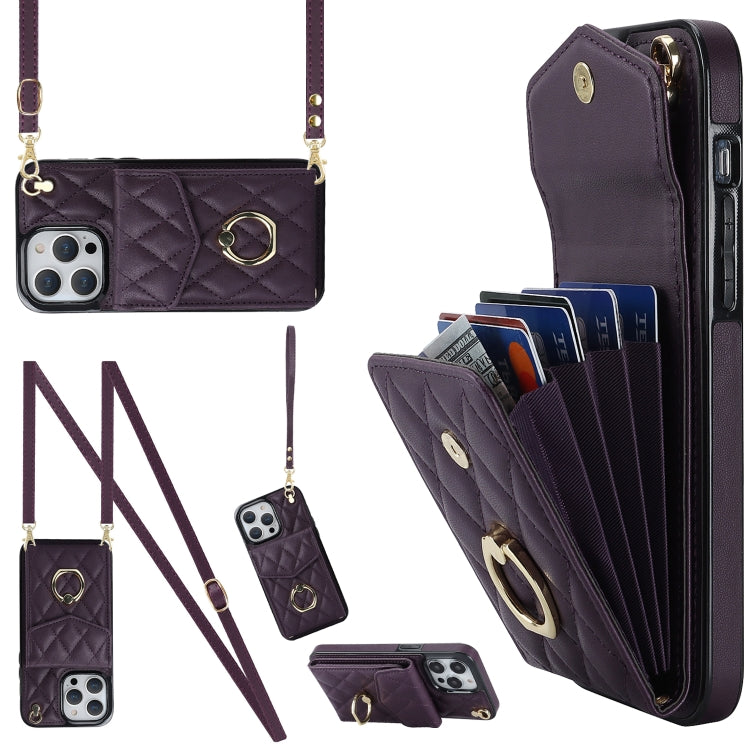Rhombic Texture Card Bag Phone Case with Long Lanyard, For iPhone 14 Plus, For iPhone 14, For iPhone 14 Pro