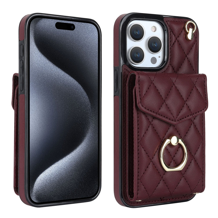 Rhombic Texture Card Bag Phone Case with Long Lanyard