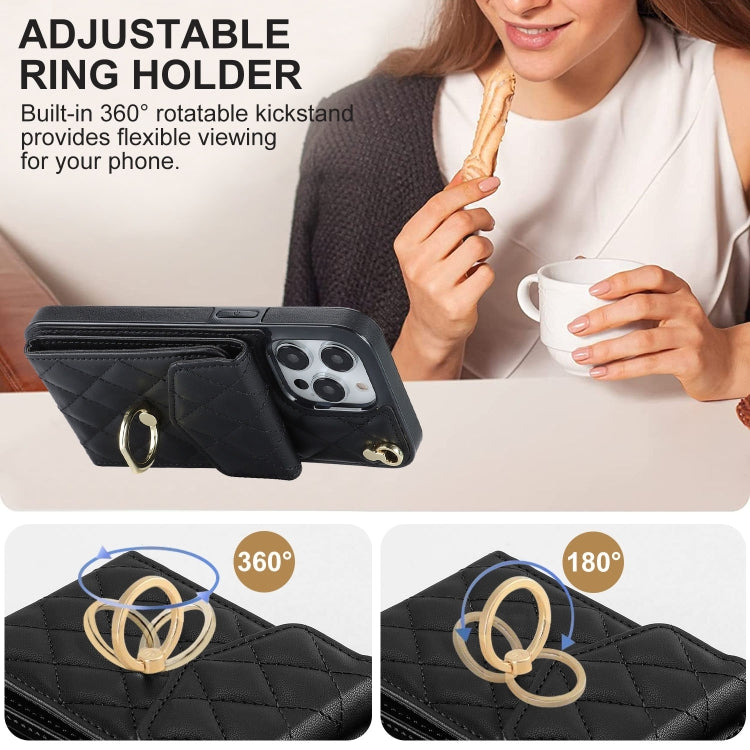 Rhombic Texture Card Bag Phone Case with Long Lanyard, For iPhone 15 Pro, For iPhone 15 Plus, For iPhone 15