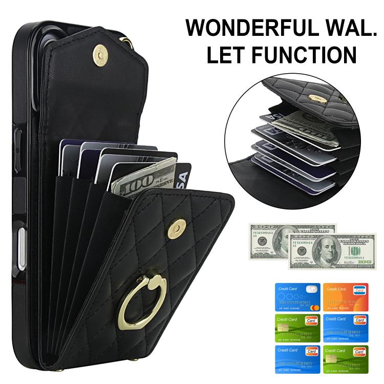 Rhombic Texture Card Bag Phone Case with Long Lanyard