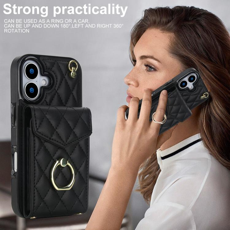 Rhombic Texture Card Bag Phone Case with Long Lanyard