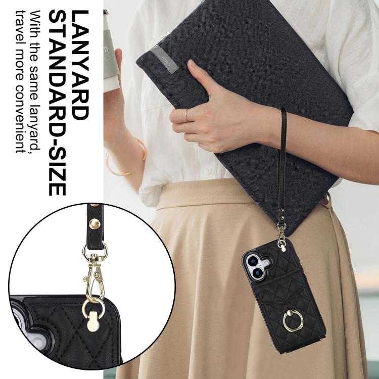 Rhombic Texture Card Bag Phone Case with Long Lanyard