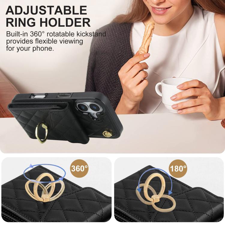 Rhombic Texture Card Bag Phone Case with Long Lanyard