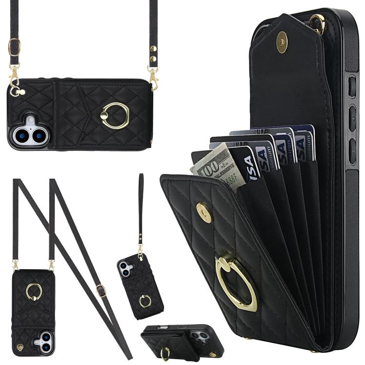 Rhombic Texture Card Bag Phone Case with Long Lanyard