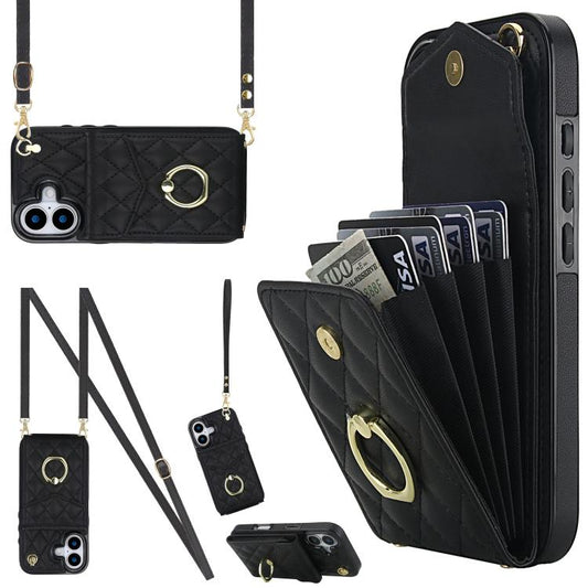 Rhombic Texture Card Bag Phone Case with Long Lanyard