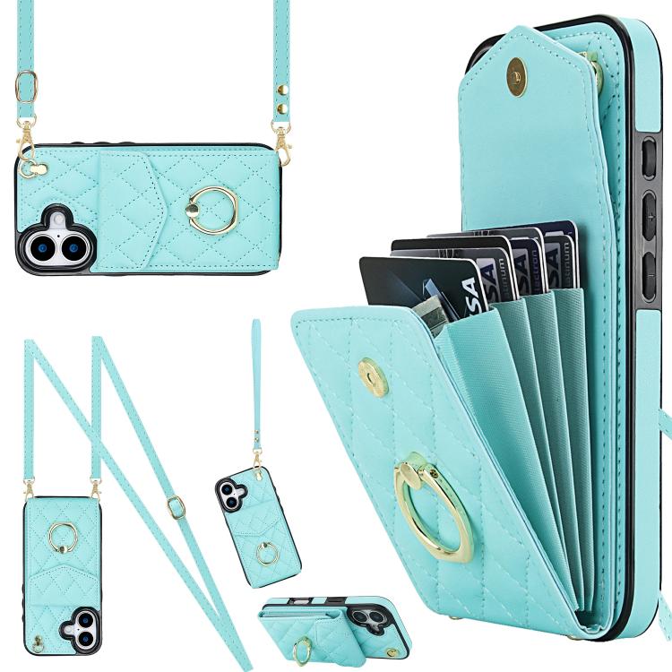 Rhombic Texture Card Bag Phone Case with Long Lanyard