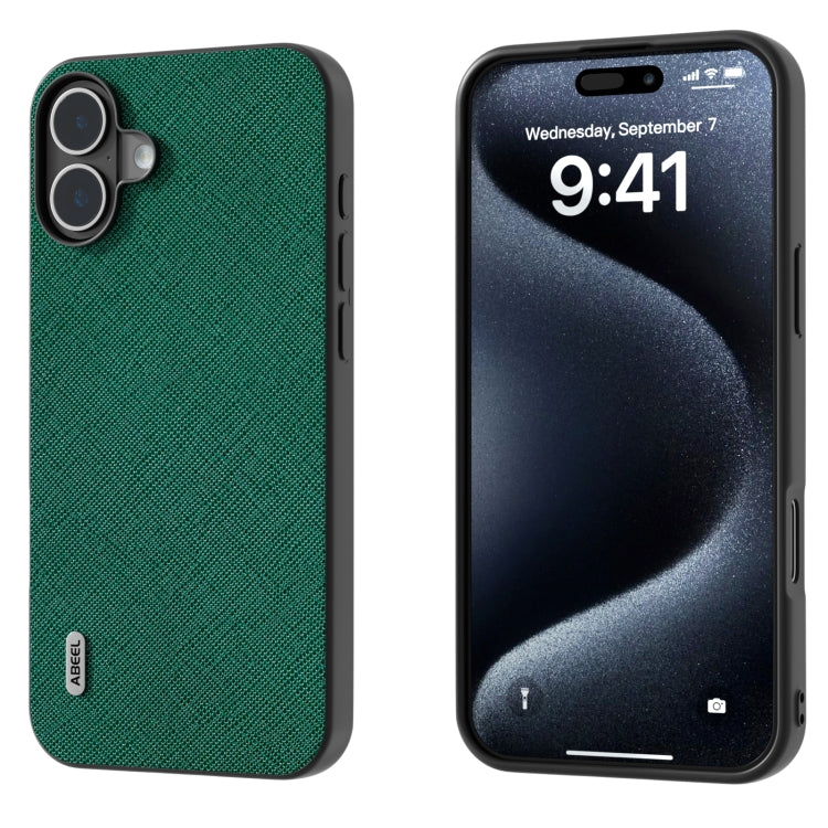 ABEEL Cross Texture Genuine Leather Phone Case, For iPhone 16 Pro Max, For iPhone 16 Pro, For iPhone 16 Plus, For iPhone 16, For iPhone 15 Pro Max, For iPhone 15 Pro
