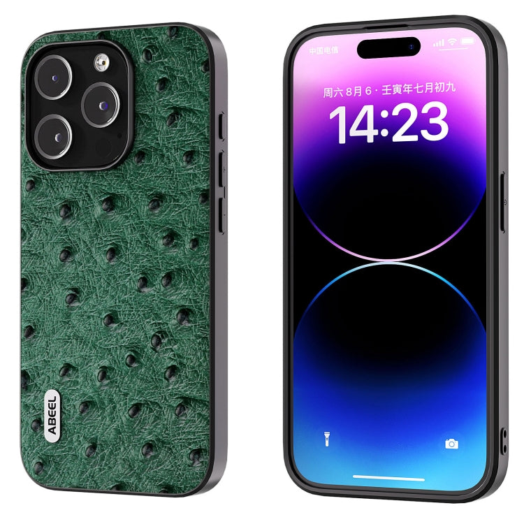 ABEEL Genuine Leather Ostrich Texture Phone Case, For iPhone 16 Pro Max, For iPhone 16 Pro, For iPhone 16 Plus, For iPhone 16, For iPhone 15 Pro Max, For iPhone 15 Pro