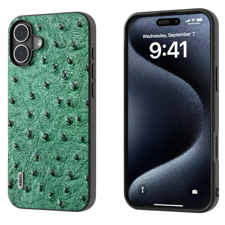 ABEEL Genuine Leather Ostrich Texture Phone Case, For iPhone 16 Pro Max, For iPhone 16 Pro, For iPhone 16 Plus, For iPhone 16, For iPhone 15 Pro Max, For iPhone 15 Pro