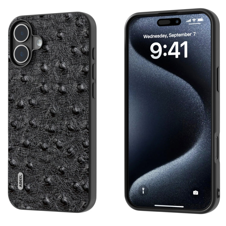 ABEEL Genuine Leather Ostrich Texture Phone Case, For iPhone 16 Pro Max, For iPhone 16 Pro, For iPhone 16 Plus, For iPhone 16, For iPhone 15 Pro Max, For iPhone 15 Pro